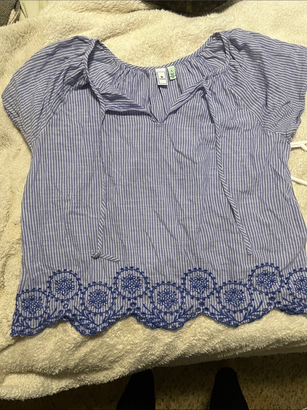 Susina - Light Blue Striped Peasant Blouse with Embroidered Hem -women small